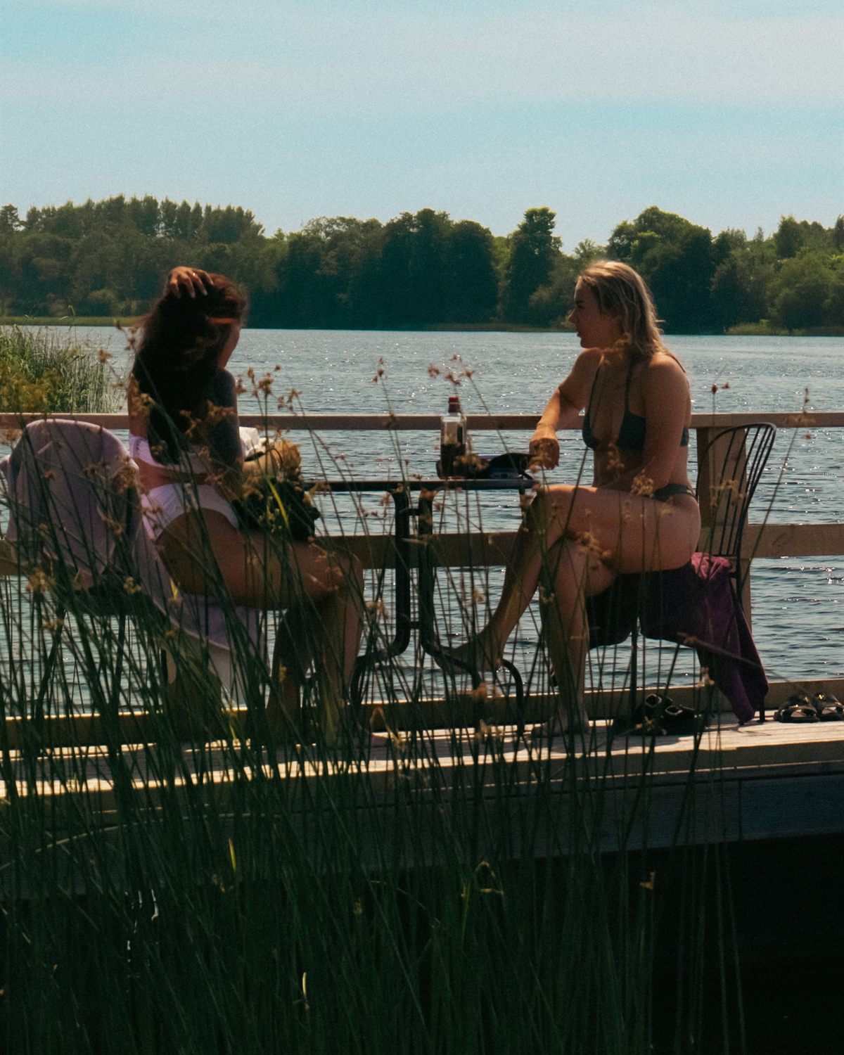 Divas viesnes pie galdiņa uz laipas, niedres priekšplānā un ezers aiz tām.